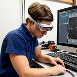 **CNC Machine Practice:** A focused student in a workshop setting, diligently practicing operating a CNC machine. He's wearing safety goggles and focused intently on the machine controls, referencing a technical drawing. The workshop should appear realistic, with various tools and equipment in the background.