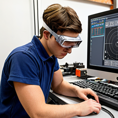 **CNC Machine Practice:** A focused student in a workshop setting, diligently practicing operating a CNC machine. He's wearing safety goggles and focused intently on the machine controls, referencing a technical drawing. The workshop should appear realistic, with various tools and equipment in the background.