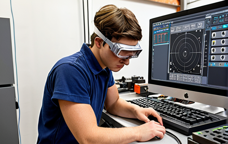 **CNC Machine Practice:** A focused student in a workshop setting, diligently practicing operating a CNC machine. He's wearing safety goggles and focused intently on the machine controls, referencing a technical drawing. The workshop should appear realistic, with various tools and equipment in the background.